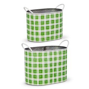 12"/10" Green Spring Gingham Decorative Buckets | Set/2