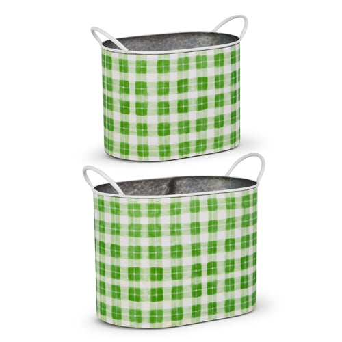 12"/10" Green Spring Gingham Decorative Buckets | Set/2