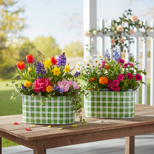 12"/10" Green Spring Gingham Decorative Buckets | Set/2