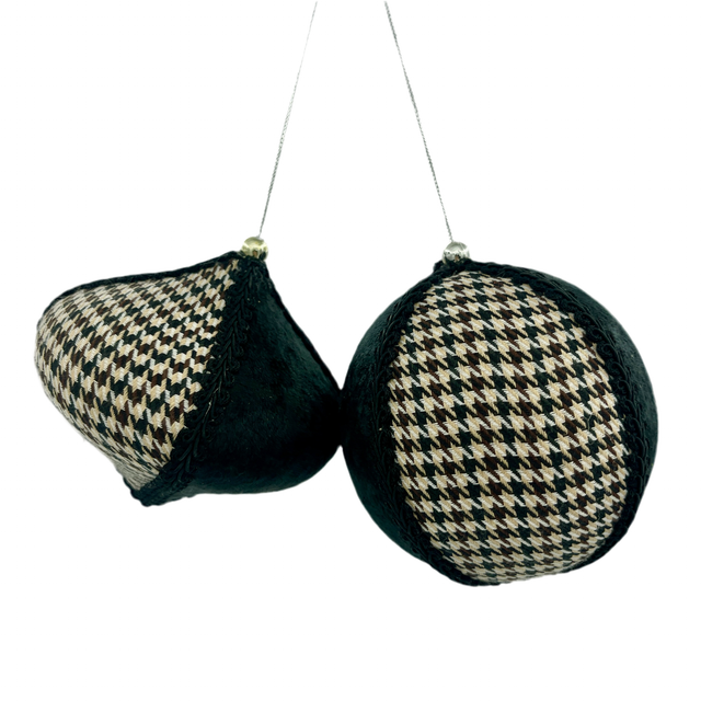 Houndstooth Ball and Onion Ornaments, Set of 2 in Brown or Black