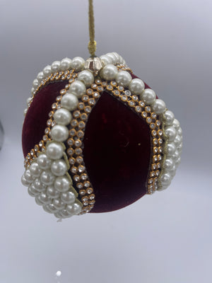 4" Burgundy Velvet with Pearl/Jewel Ball Ornament