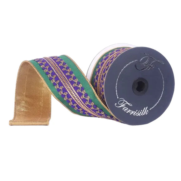 2.5" x 10YDS Mardi Gras Frills Farrisilk Wired Ribbon | Purple, Green, Gold