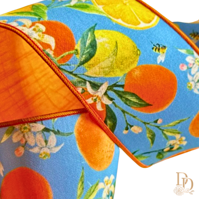 4" x 10yds Dupioni Watercolor Citrus & Blossoms Ribbon – Blue/Orange/Yellow