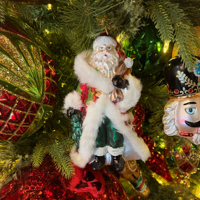 8" Glass Holly Days Santa Ornament