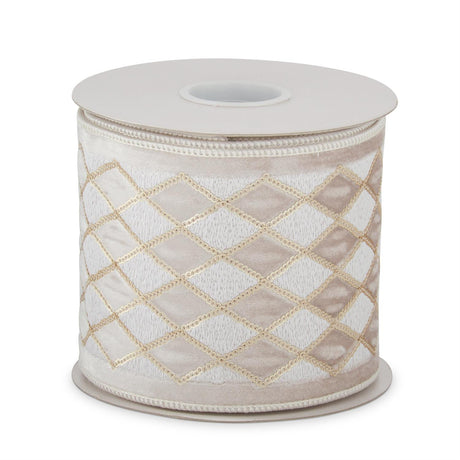 4 inch x 5 yards White & Gold Diamond Stitched Ribbon