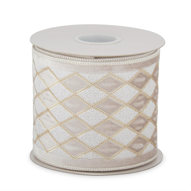 4" x 5 Yards White & Gold Diamond Stitched Ribbon