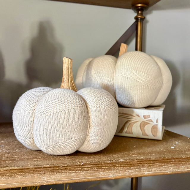 Cream Knit Pumpkins with Wood Stem | Set of 2 | 8.25" & 6.5"