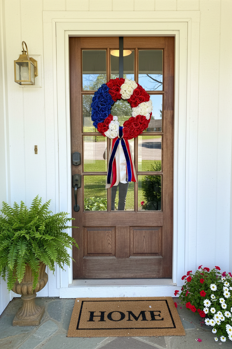 Decorative wreath with red, white, and blue flowers on a wooden door with 'HOME' doormat.