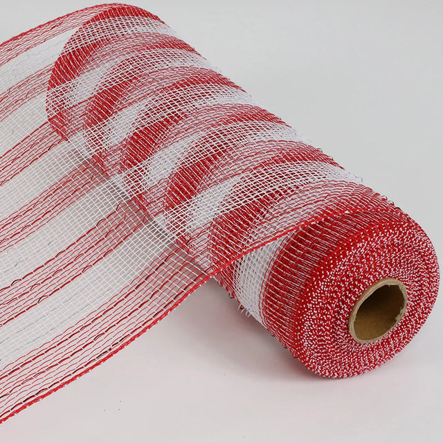 10" x 10YD Red & White Striped Metallic Decorating Mesh