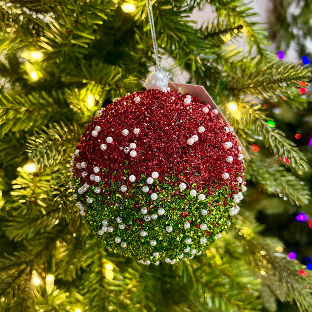 4.75" Dazzling Sequin Pearl Ombre Ball Ornament | Green/Red