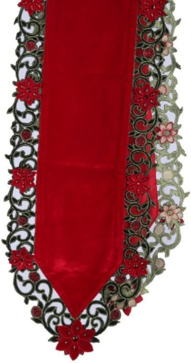 13" x 72" Berry Vine Jeweled Poinsettia Red Velvet Table Runner
