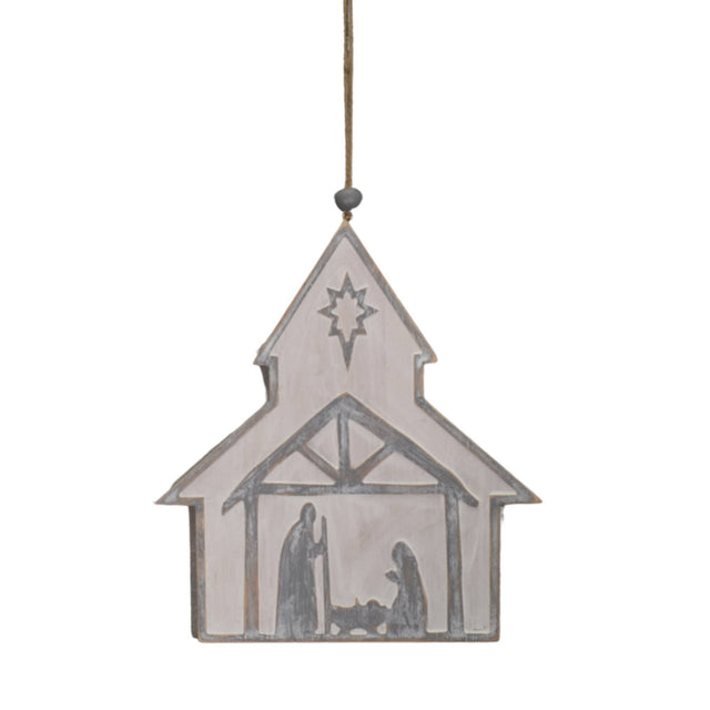 8.5"  Wooden Whitewashed | Manger Scene Church Ornament