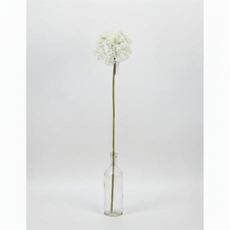 White decorative ball flower arrangement on a gray background with product code and measurements.
