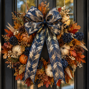 4" x 10 Yard Midnight Blue Champagne Feather Leaf Ribbon