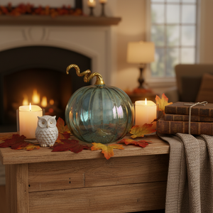 3" Iridescent Teal Blown Glass Tabletop Pumpkin