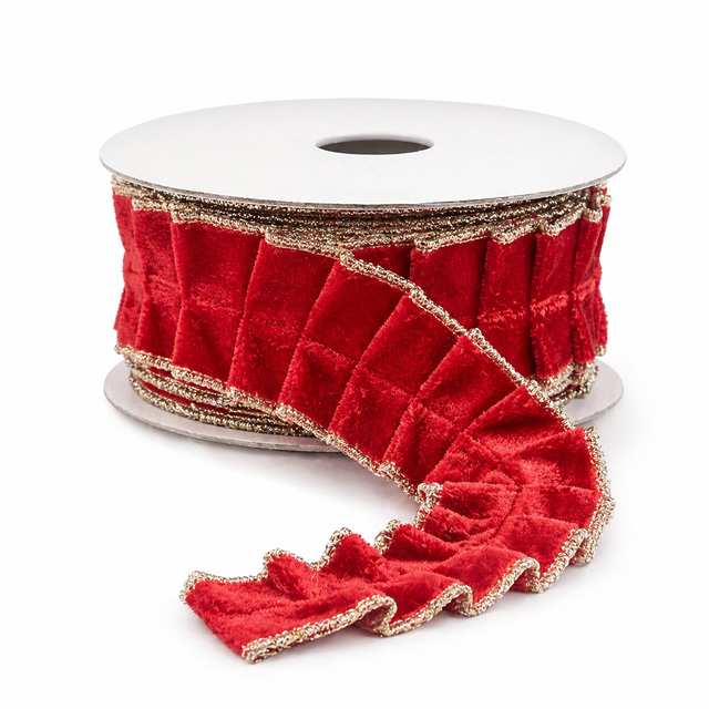 1.5" x 10yd Red Velvet Pleated Metallic Dupioni Double Fused Ribbon