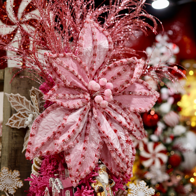 30" Pink & Red Giant Candy Snow Glitter Poinsettia Stem