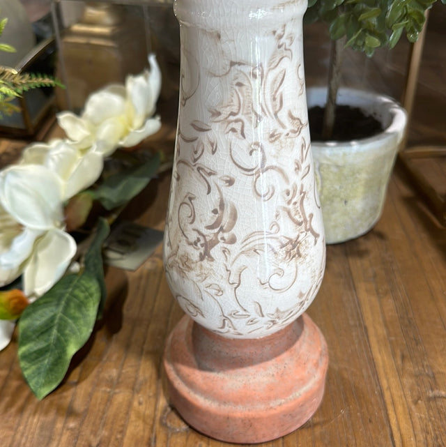 12" Cream Ceramic Candle Holder Tan Floral