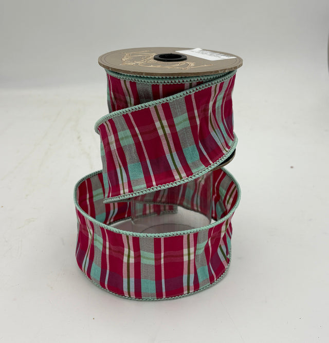 2.5" x 10YD Hot Pink + Celadon Plaid Dupioni Ribbon