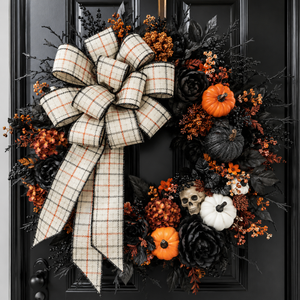 2.5" x 10yd Faux Wool Windowpane Plaid Ribbon | Black, Orange & Ivory