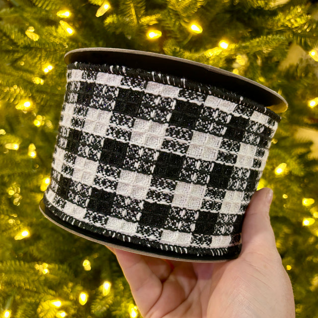 4" x 10yds Black & White Knit Sweater Checked Ribbon