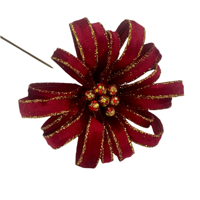 18" Burgundy Velvet Glitter Ribbon Flower Stem