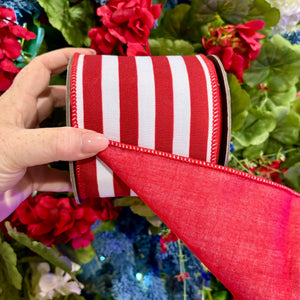 4" Red/White Horizontal Stripe Canvas Wired Edge Ribbon- 5 Yards