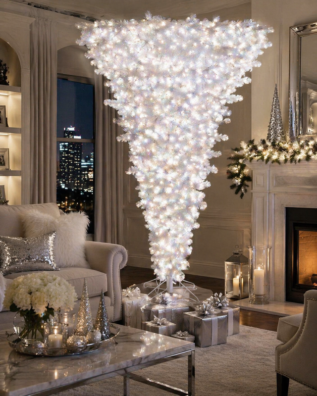 7' x 62" Iridescent White Upside Down Artificial Pre-Lit Christmas Tree