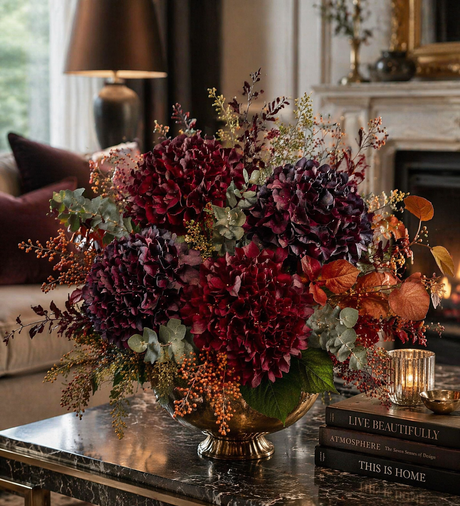Real Touch Hydrangea Burgundy, Dark Purple/ Burgundy, Orange/Red, additional view