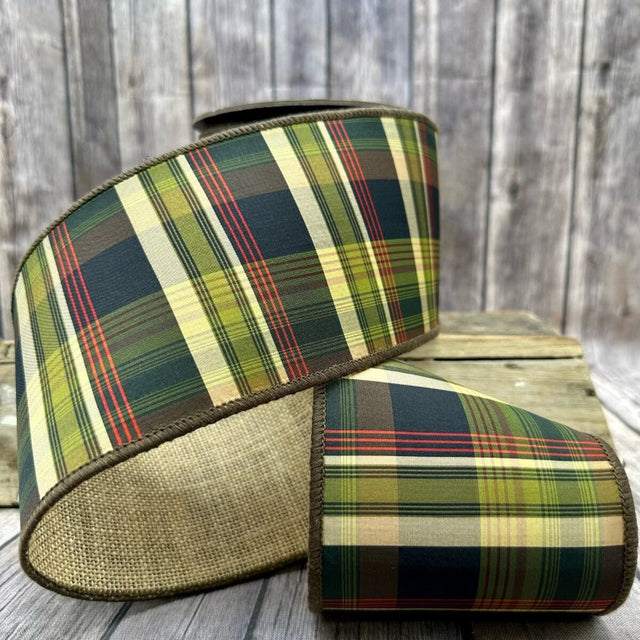4" x 10 YDS Loden Plaid Ribbon with Burlap Back