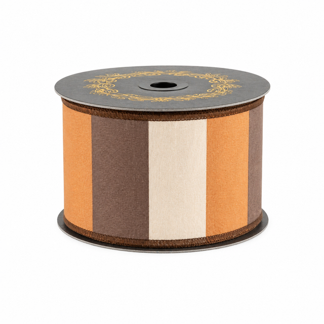 4" x 10yd Brown/Cream/Orange Dupioni Block Stripe Ribbon
