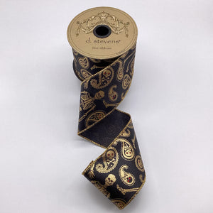 2.5" x 10yd Faux Satin Paisley Skeleton Ribbon – Black & Gold
