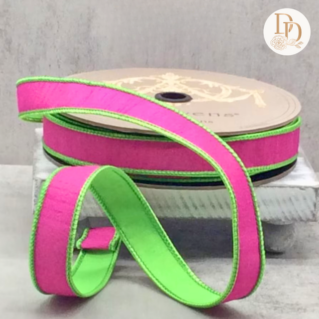 1" Hot Pink | Lime Green | Double Sided Dupioni Ribbon | 25 Yards