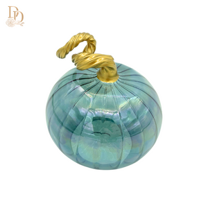 4"  Iridescent Teal Hand Blown Glass Pumpkin
