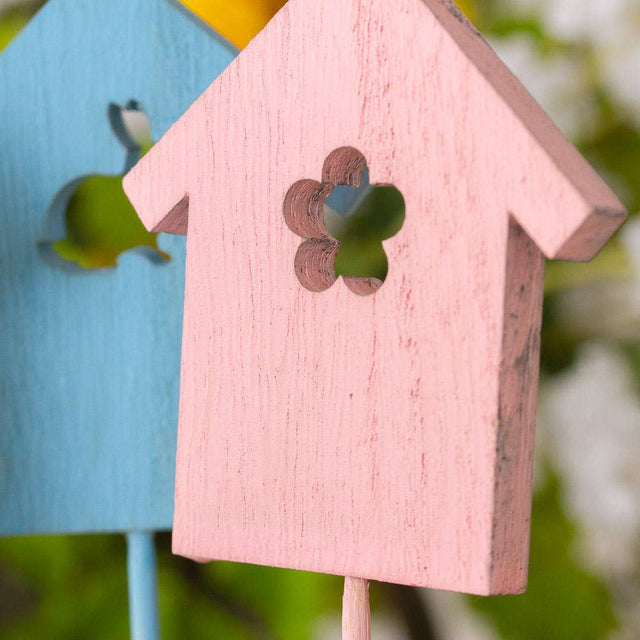 12" Wood Birdhouse Stem | Pink Blue Green Yellow