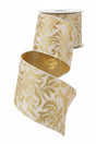 4 inch x 5 yards White Gold Velvet Florence Wired Edge Ribbon