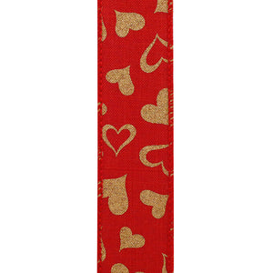 1.5" Red & Gold Heart Linen Wired Edge | 25 Yards