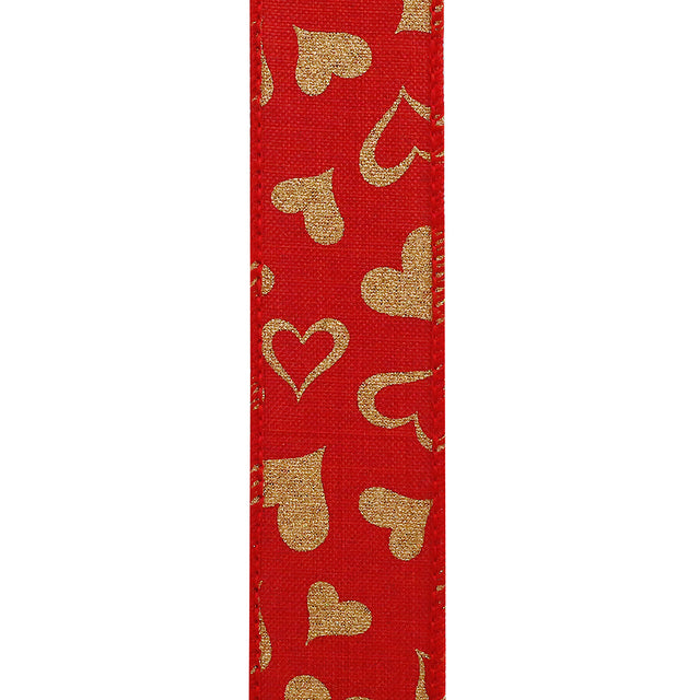 1.5" Red & Gold Heart Linen Wired Edge | 25 Yards