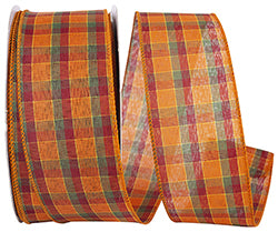 2.5" Orange Plaid Wired Edge Ribbon- 50 Yards
