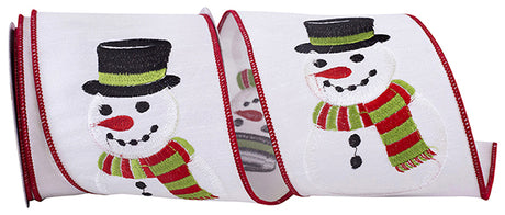 4 inch x 5 yards Snowman Embroidery Wired Edge Ribbon, White, Black, Red, Green