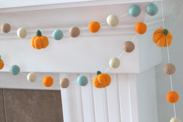 Felt Pumpkin Garland for Fall & Halloween | Orange Teal Tan