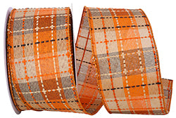 2.5 inch Orange Checker Stitch Plaid Wired Edge Ribbon- 20 yards