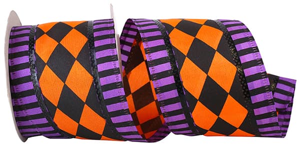 2.5"x10YDS Harlequin Jester Halloween Ribbon | Orange, Black, Purple