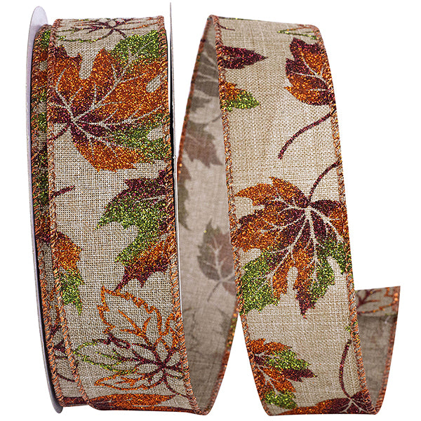 1.5" x 20 YDS Glitter Leaves Linen Wired Ribbon
