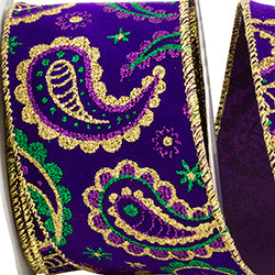 2.5 inch X 10 yards Mardi Gras Paisley Velvet Wired Ribbon