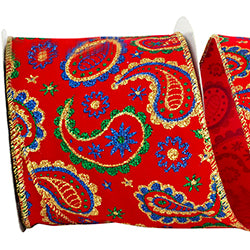 4" x 10YDS Paisley Velvet Jewel Tones Wired Edge Ribbon | Multi