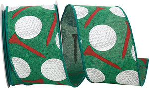 2.5"X10YDS Green Golf Balls & Tees Wired Edge Ribbon