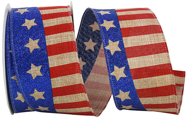 2.5" x 10-yard Flag Stripes Glitter Linen Ribbon | Red, Blue, & Natural