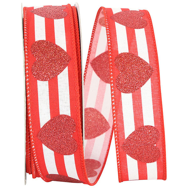 1.5" Heart Glitter Stripes Wired Edge Ribbon l 20 Yards