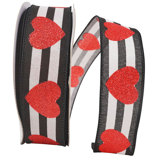 1.5" Heart Glitter Stripes Wired Edge Ribbon l 20 Yards